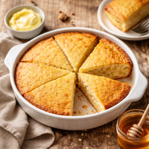 Grandmother-Style Buttermilk Cornbread (Golden, Tender, and Lightly Sweet) Golden buttermilk cornbread baked in a round skillet-style dish, sliced into wedges with butter and honey nearby.