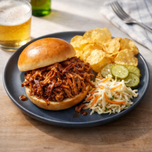 Slow Cooker Root Beer Pulled Pork (Sweet, Tangy & Ultra Tender) BBQ pulled pork piled high on a toasted bun, served with potato chips, coleslaw, and pickles on a dark plate.