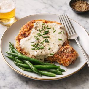 Easy Baked Breaded Pork Chops with Creamy Mushroom Sauce Breaded baked pork chop covered in creamy mushroom sauce and topped with chives, served with green beans on a plate.