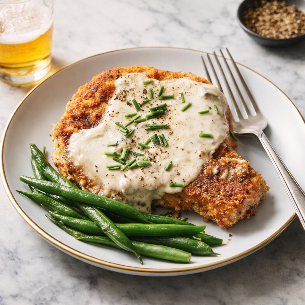 Breaded baked pork chop covered in creamy mushroom sauce and topped with chives, served with green beans on a plate.