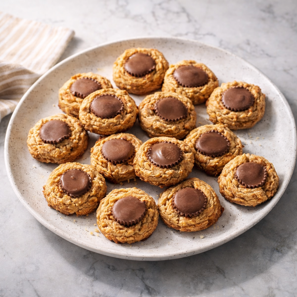 A plate of peanut butter cookies with mini chocolate peanut butter cups pressed into the centers, golden and slightly craggy.