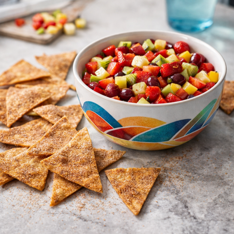 A bowl of colorful fruit salsa with diced strawberries, kiwi, and apples served with cinnamon sugar tortilla chips.