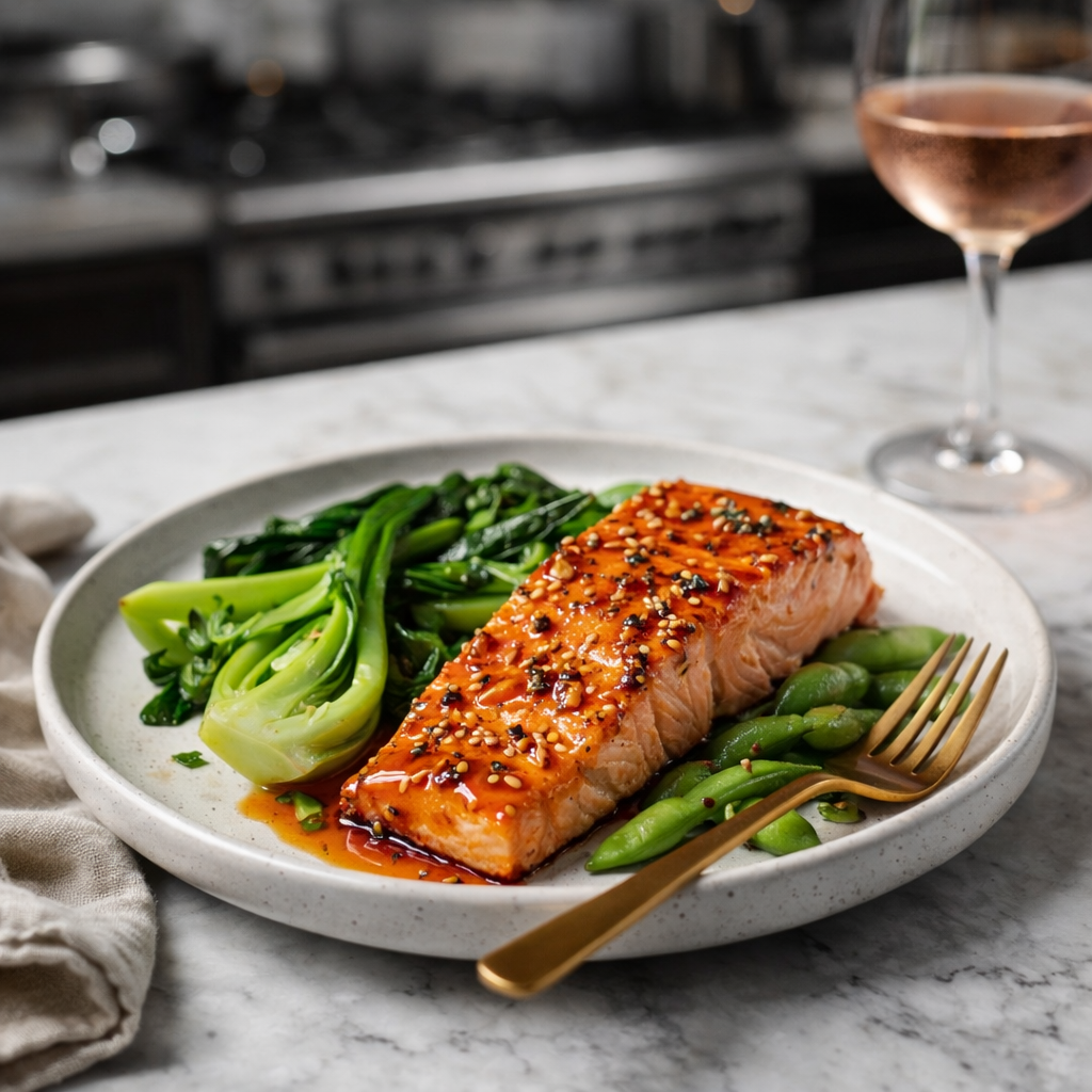 Maple soy glazed salmon fillet topped with sesame seeds served with greens on a plate.