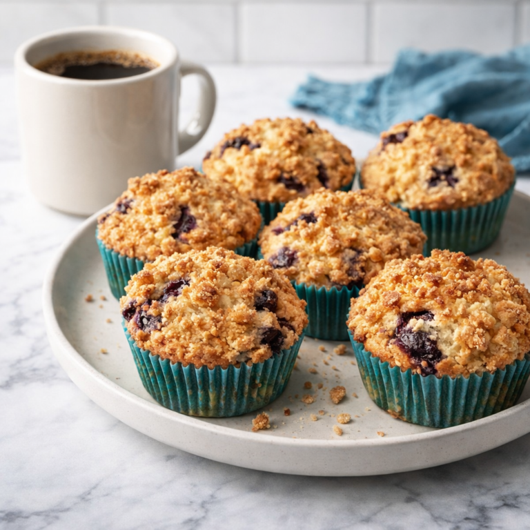 Golden blueberry muffins with cinnamon crumb topping on a plate beside a mug of coffee.