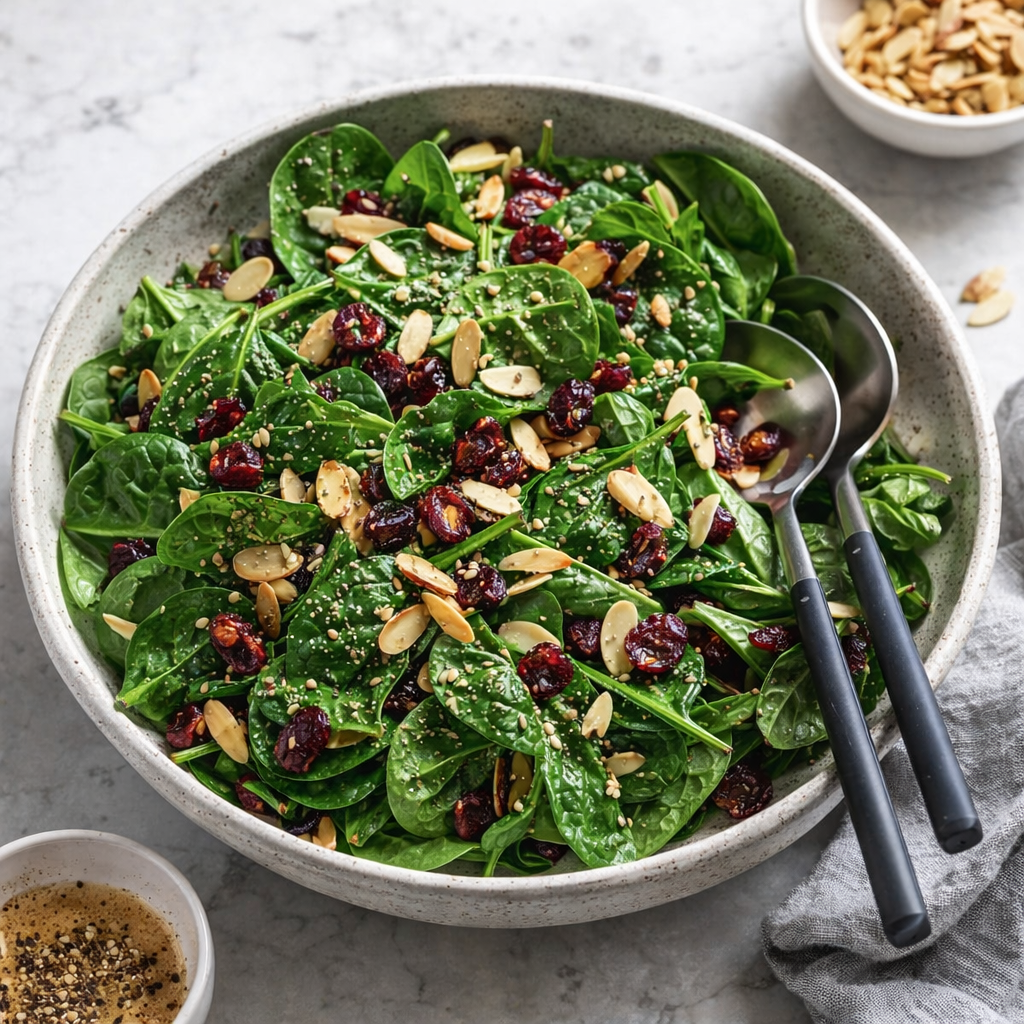 Fresh baby spinach salad tossed with dried cranberries, sliced toasted almonds, and a light seeded vinaigrette.