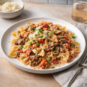Bow Ties with Sausage, Tomatoes, and Cream (Creamy Italian Farfalle) A plate of farfalle pasta tossed with creamy tomato sauce, crumbled sausage, parsley, and Parmesan shavings.