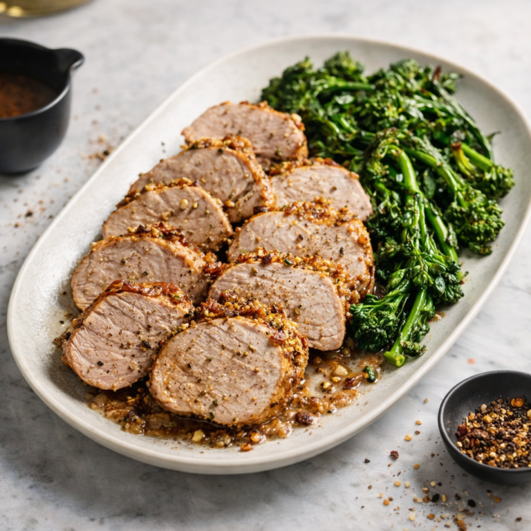 Sliced pork tenderloin on a platter with garlicky pan juices and a side of sautéed broccolini, with crushed red pepper and seasoning scattered nearby.