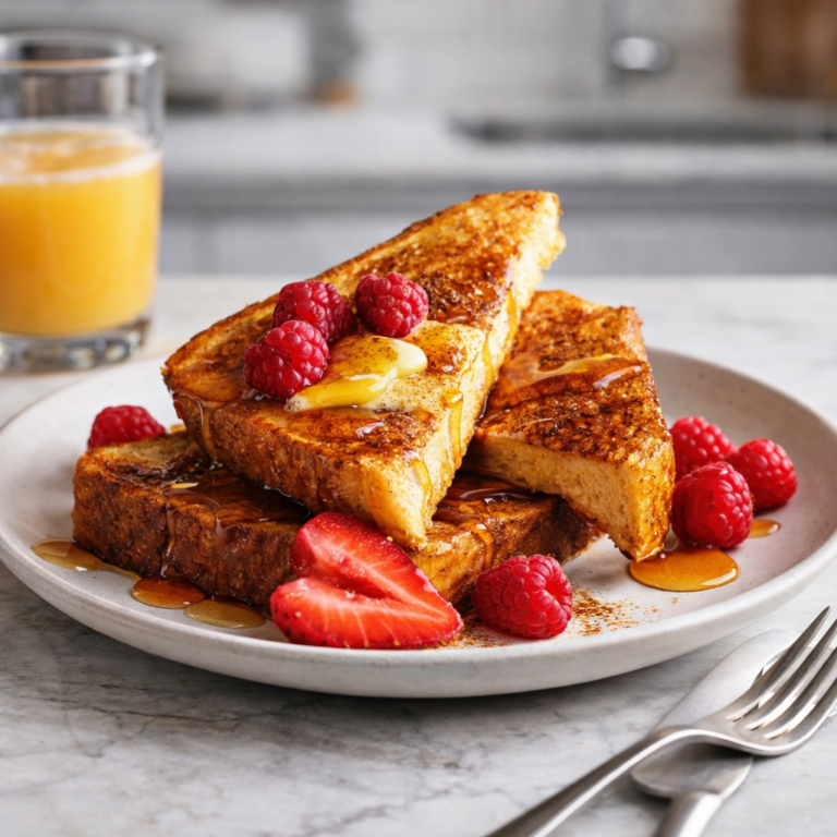 Thick slices of golden-brown French toast stacked on a plate with butter, syrup, and fresh berries on top.