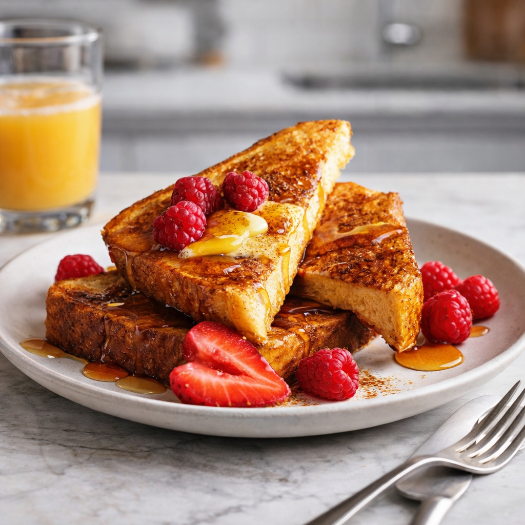 Thick slices of golden-brown French toast stacked on a plate with butter, syrup, and fresh berries on top.