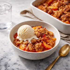 Fresh Southern Peach Cobbler with Cinnamon Crumble Topping A bowl of warm peach cobbler with a buttery crumble topping and a scoop of vanilla ice cream melting over juicy peach slices.