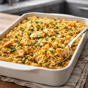 A baked chicken noodle casserole in a white baking dish topped with golden, buttery crumbs and chopped parsley.