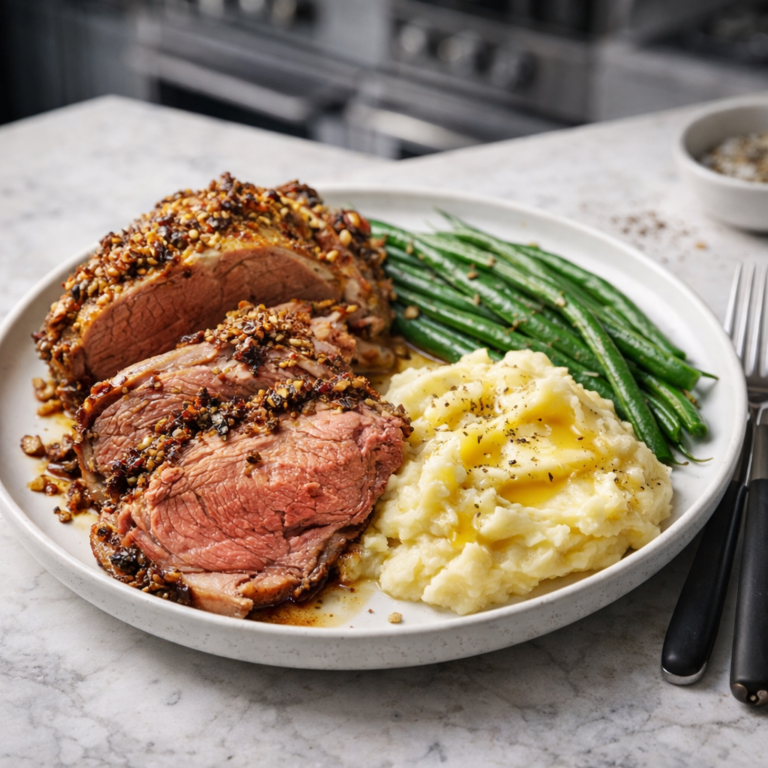 Sliced garlic-crusted prime rib roast served with mashed potatoes and green beans on a white plate.