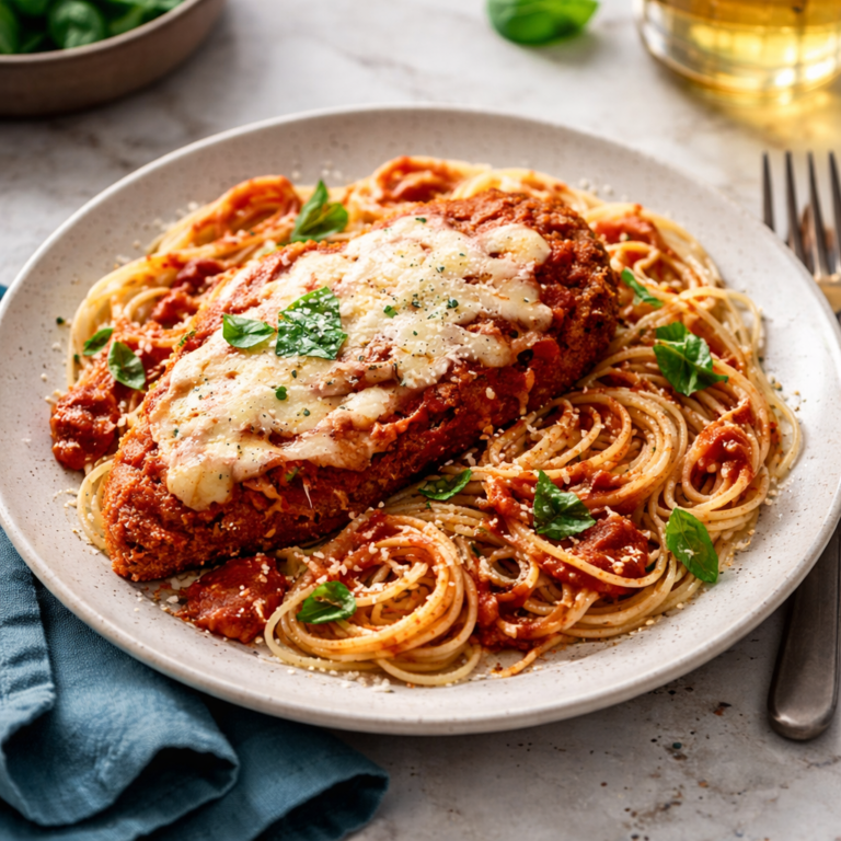 Golden panko-crusted chicken cutlets baked in marinara sauce and topped with melted mozzarella and provolone, finished with fresh basil.