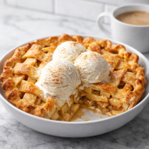 A golden lattice apple pie with a slice removed and three scoops of vanilla ice cream on top, showing glossy cinnamon-brown sugar apple filling.