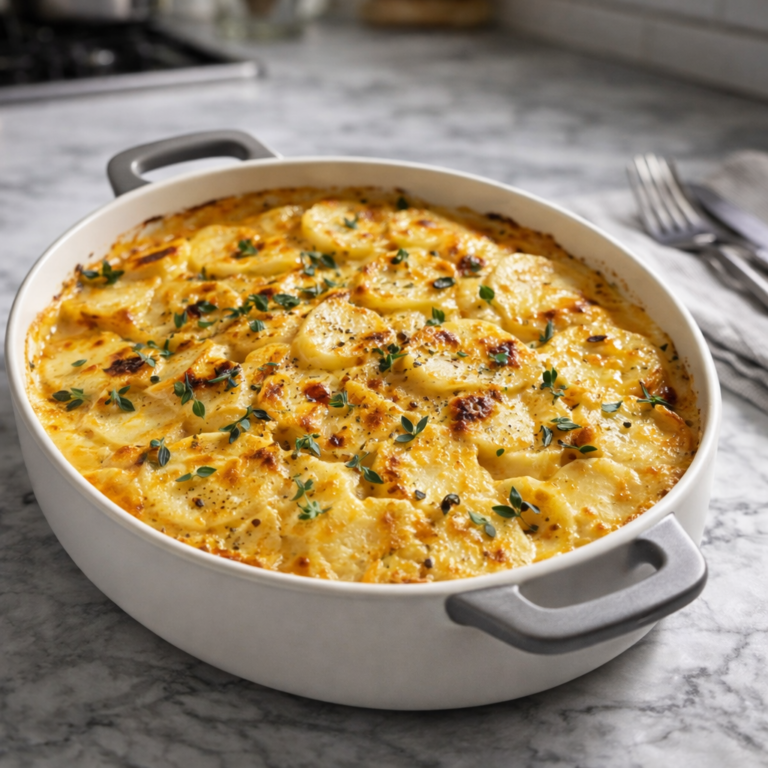A bubbling dish of creamy au gratin potatoes with golden browned cheese on top, sprinkled with herbs.