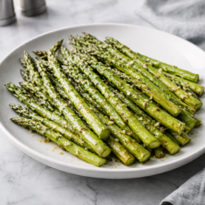 A plate of oven-roasted asparagus spears coated in garlic and Parmesan, lightly browned and glossy, ready to serve.