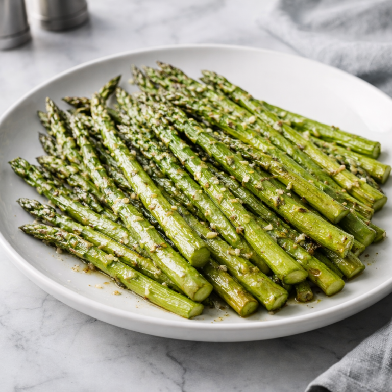 A plate of oven-roasted asparagus spears coated in garlic and Parmesan, lightly browned and glossy, ready to serve.