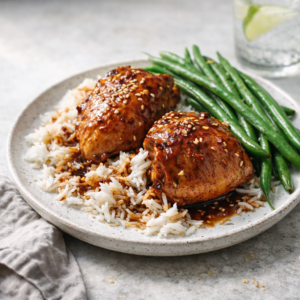 Honey-Garlic Slow Cooker Chicken Thighs (Sticky-Savory, Family-Friendly, Set-and-Forget) Tender honey-garlic chicken thighs glazed in a glossy sauce and sprinkled with sesame seeds, served over white rice with green beans.