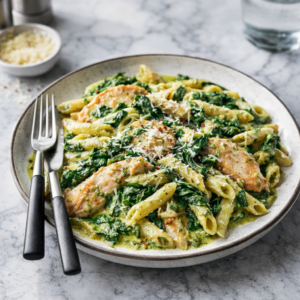 Pesto Chicken Florentine (Creamy Alfredo-Pesto Penne with Spinach) Creamy penne pasta tossed with pesto Alfredo sauce, wilted spinach, and sliced chicken, topped with grated Romano and red pepper flakes.