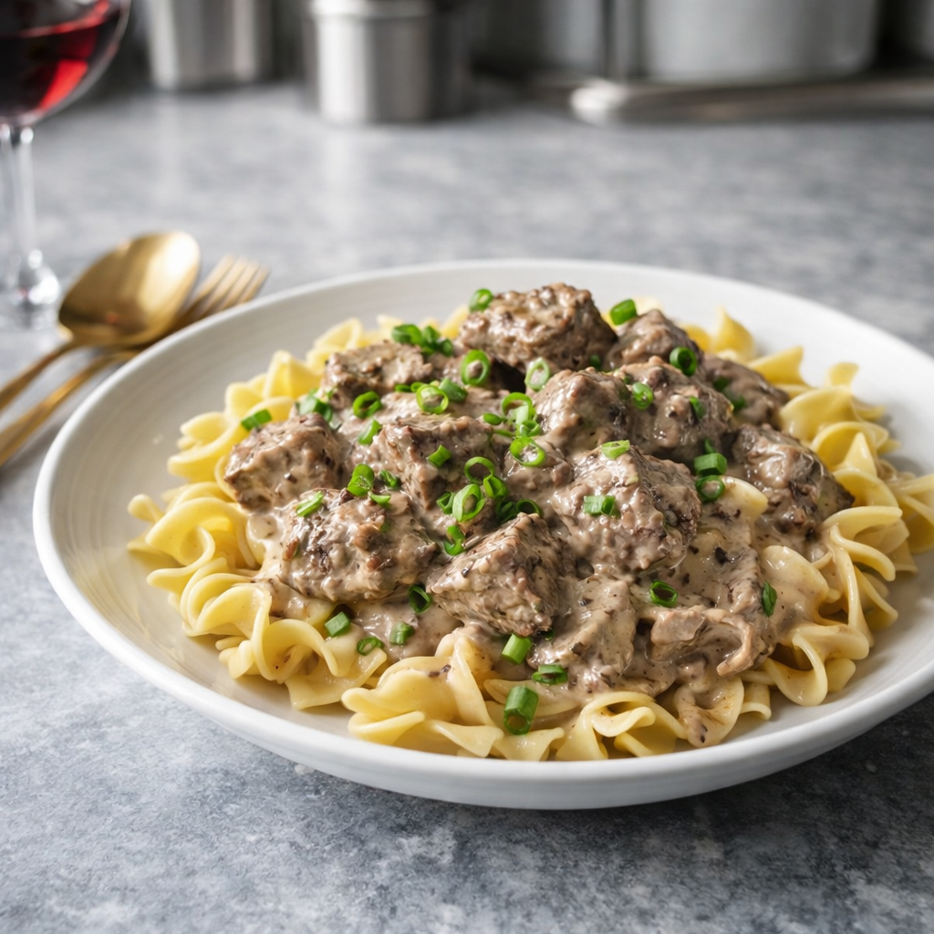 Creamy beef stroganoff with tender beef chunks and mushroom gravy served over egg noodles, topped with chopped green onions.