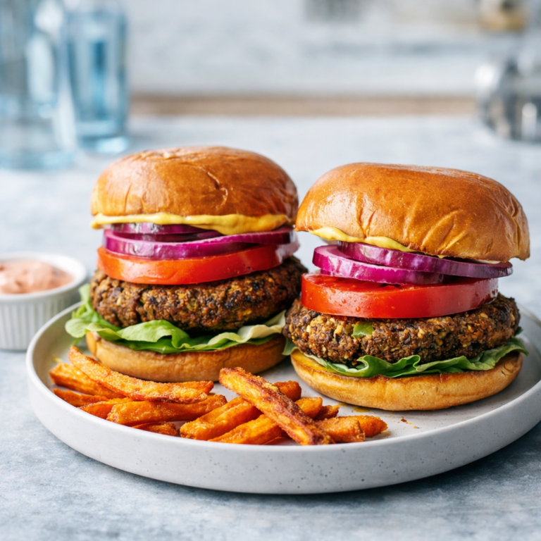 Two homemade black bean veggie burgers on glossy buns with lettuce, tomato, red onion, and a side of sweet potato fries.