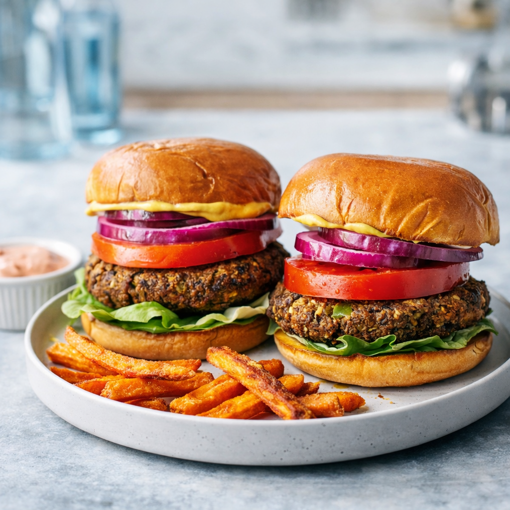 Two homemade black bean veggie burgers on glossy buns with lettuce, tomato, red onion, and a side of sweet potato fries.