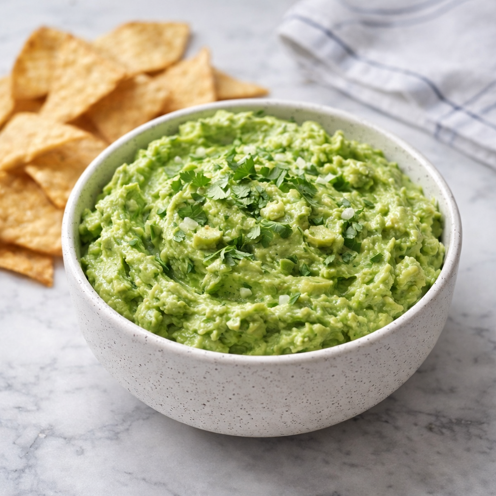 A bowl of chunky green guacamole topped with chopped cilantro, served with tortilla chips on a light countertop.