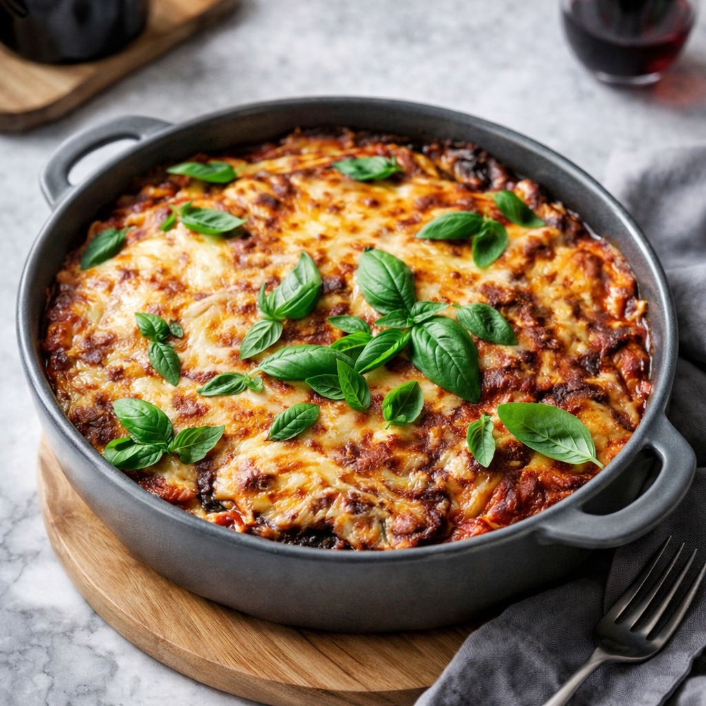 Baked eggplant Parmesan casserole topped with melted mozzarella and fresh basil in a round baking dish.