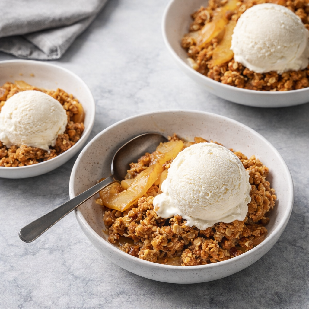 Warm apple crisp with a golden oat crumble topping served in a bowl with a scoop of vanilla ice cream.