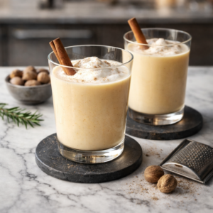 Amazingly Good Eggnog Two short glasses of creamy homemade eggnog topped with whipped cream and cinnamon sticks, with nutmeg nearby on a marble counter.