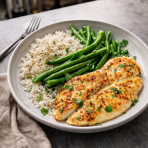 Broiled tilapia fillets topped with a golden Parmesan crust served with rice and green beans in a shallow bowl.