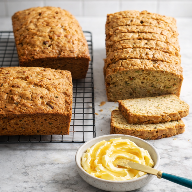 Two loaves of golden zucchini bread on a cooling rack with sliced pieces and a bowl of butter in front.