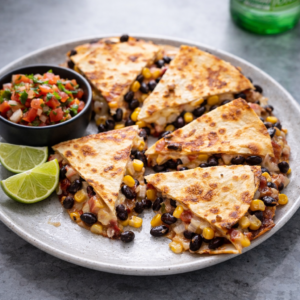 Crispy black bean and corn quesadillas cut into wedges and served with salsa and lime wedges.