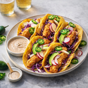 Crispy fried fish tacos in corn tortillas topped with shredded purple cabbage, avocado, radish, and jalapeño slices with a creamy dipping sauce.