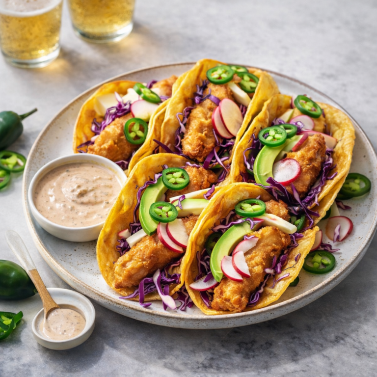 Crispy fried fish tacos in corn tortillas topped with shredded purple cabbage, avocado, radish, and jalapeño slices with a creamy dipping sauce.