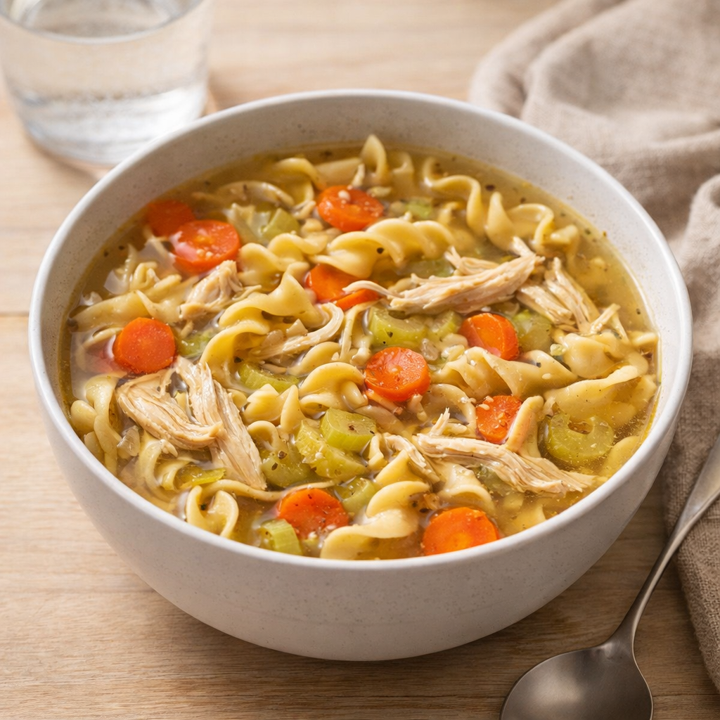 A bowl of chicken noodle soup with egg noodles, shredded chicken, sliced carrots, and celery in a light golden broth.