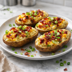 Ultimate Twice-Baked Potatoes (Crispy Skins, Creamy Cheddar-Bacon Filling) Four twice-baked potato halves topped with melted cheddar, crispy bacon crumbles, and sliced green onions on a white plate.