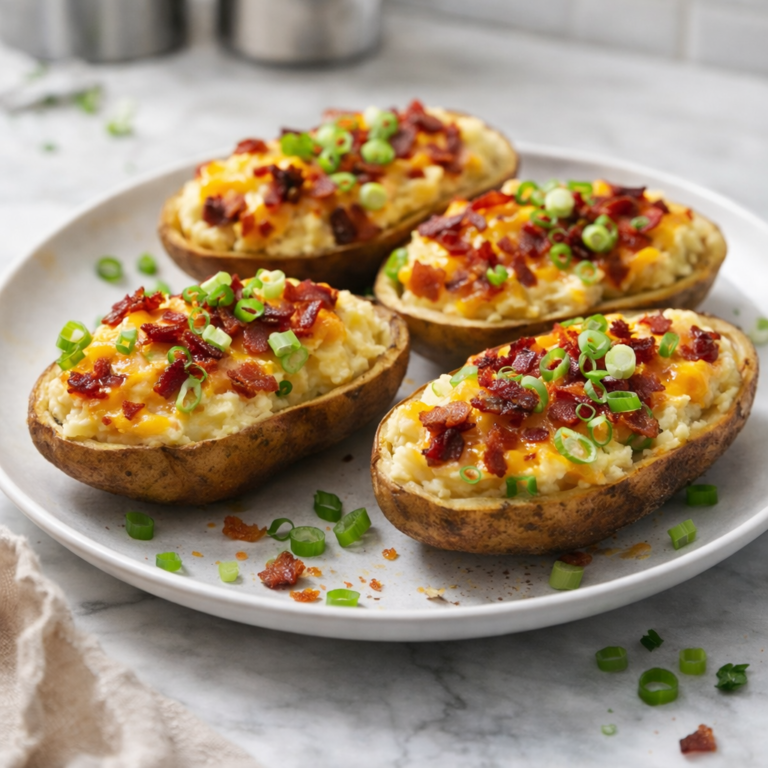 Four twice-baked potato halves topped with melted cheddar, crispy bacon crumbles, and sliced green onions on a white plate.