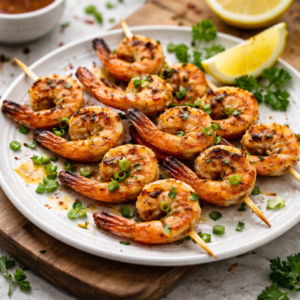 Juicy grilled shrimp skewers with a glossy garlic-basil marinade, sprinkled with green onions and served with lemon wedges.