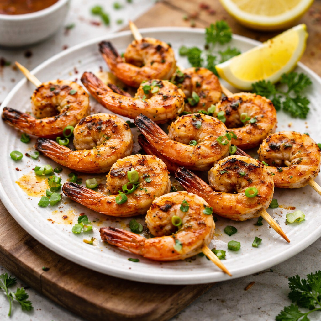 Juicy grilled shrimp skewers with a glossy garlic-basil marinade, sprinkled with green onions and served with lemon wedges.