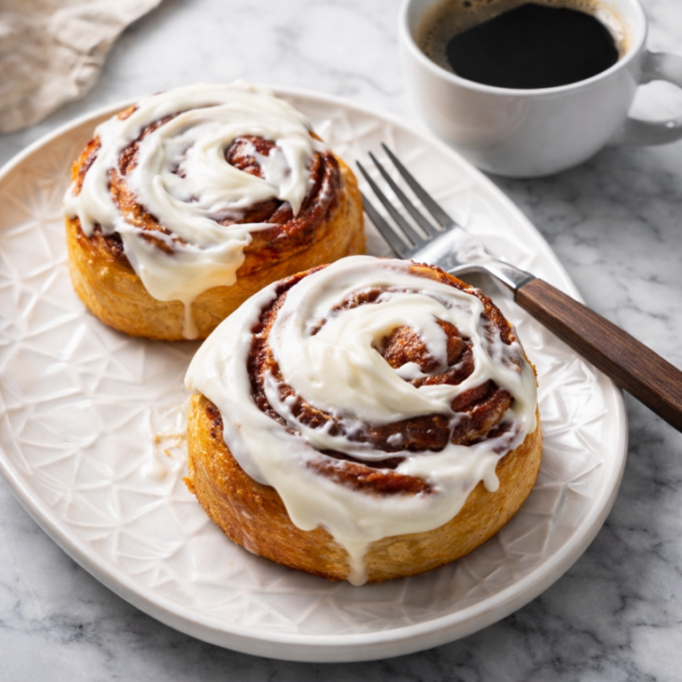 Two warm cinnamon rolls covered with creamy white frosting on a plate beside a cup of coffee.