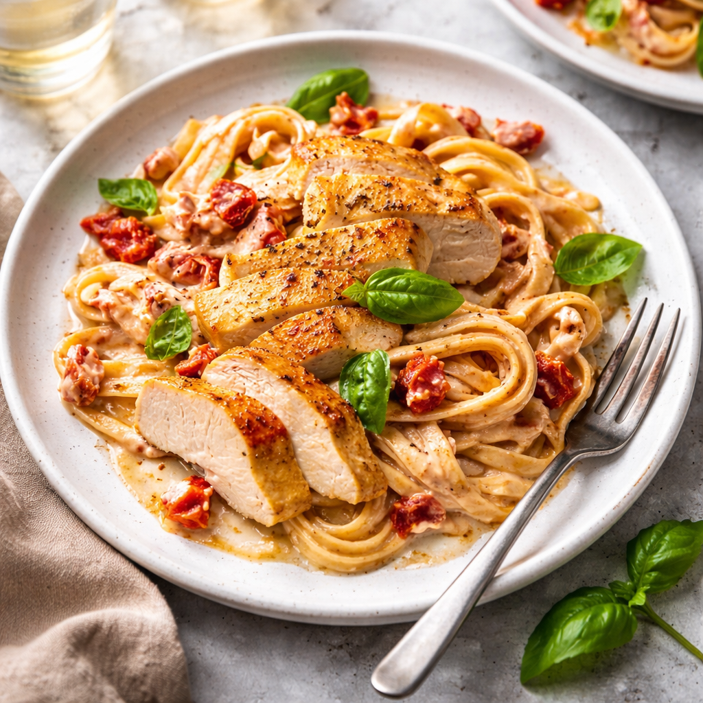 Creamy fettuccine pasta with sliced chicken breast, sun-dried tomatoes, and fresh basil on a white plate.