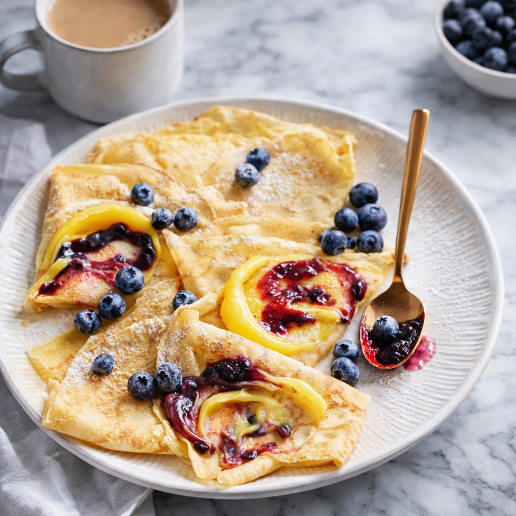 Thin golden crepes folded on a plate with blueberry sauce, lemon slices, powdered sugar, and fresh blueberries.