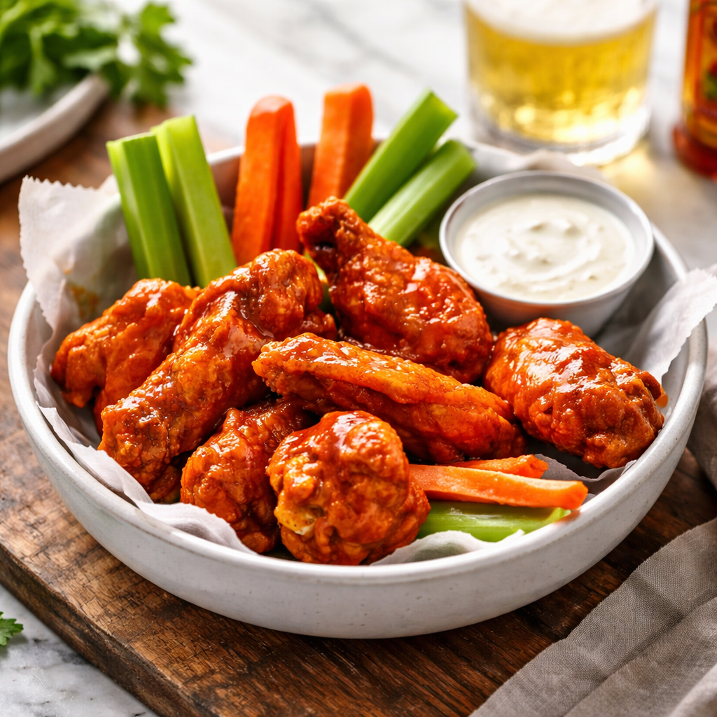 Crispy buffalo chicken wings coated in glossy hot sauce and butter, served with celery, carrots, and ranch dip.