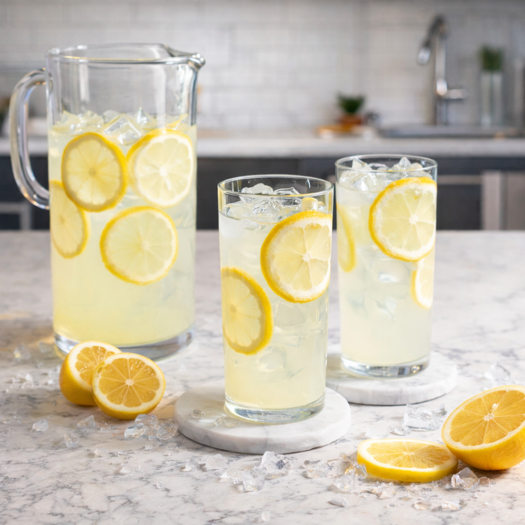 A clear pitcher and tall glasses filled with pale homemade lemonade, lots of ice, and thin lemon slices on a bright kitchen counter.