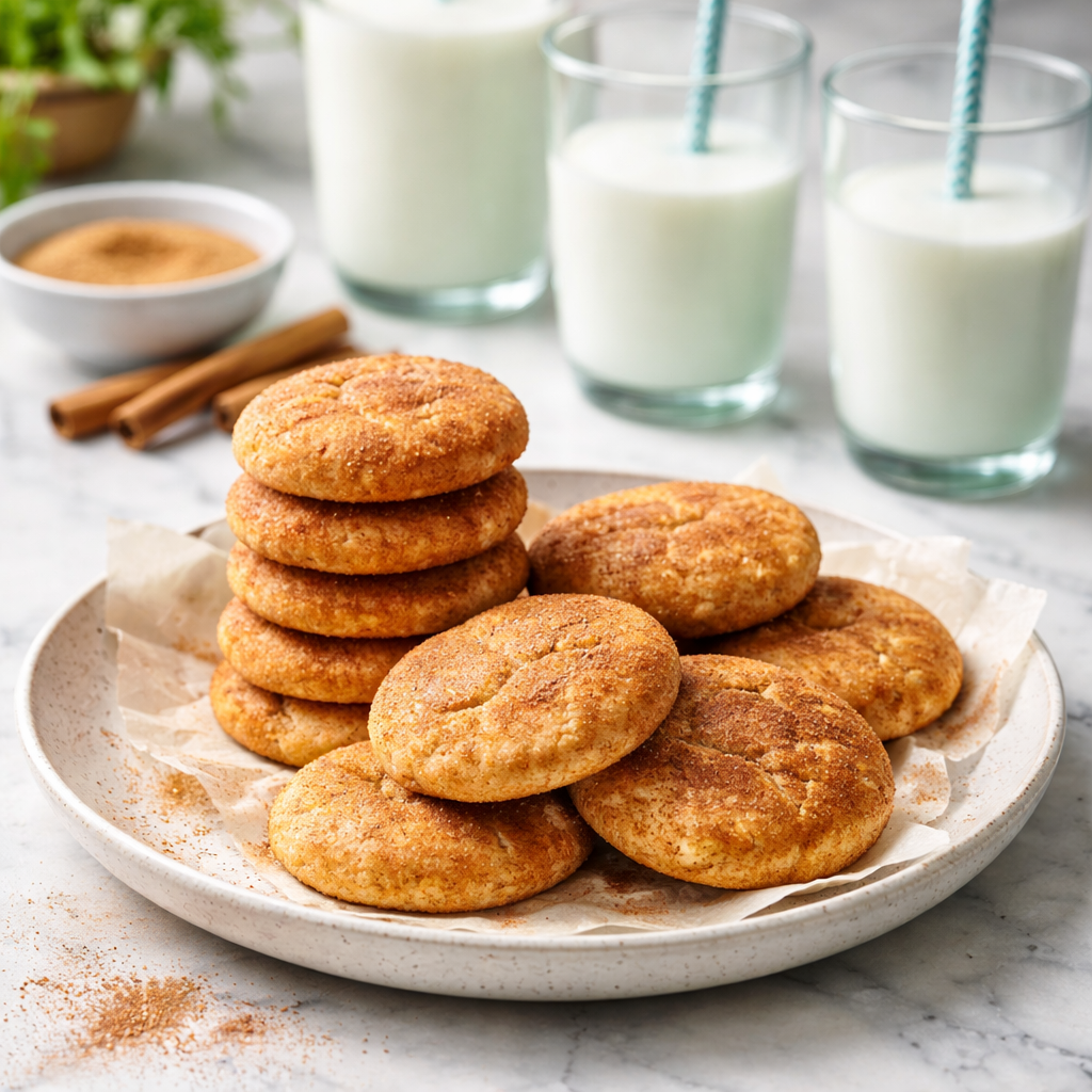 A plate of soft snickerdoodle cookies coated in cinnamon sugar with glasses of milk in the background.