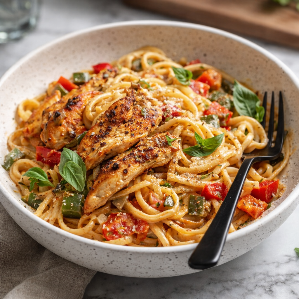 A bowl of creamy Cajun chicken pasta with linguine, sliced chicken, bell peppers, mushrooms, and basil.