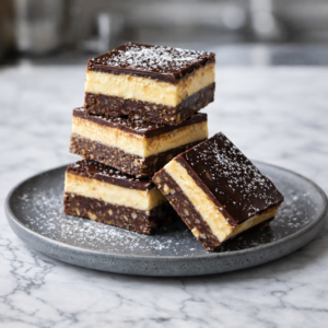 Nanaimo Bars (Classic No-Bake Three-Layer Dessert Squares) Three-layer Nanaimo bars with a chocolate-coconut base, creamy vanilla custard center, and glossy chocolate top, dusted lightly with powdered sugar.