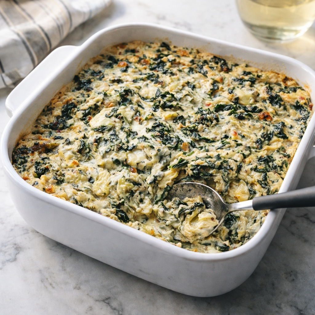 A white baking dish filled with creamy baked spinach and artichoke dip, speckled with spinach and melted cheese, with a spoon scooping out a warm serving.