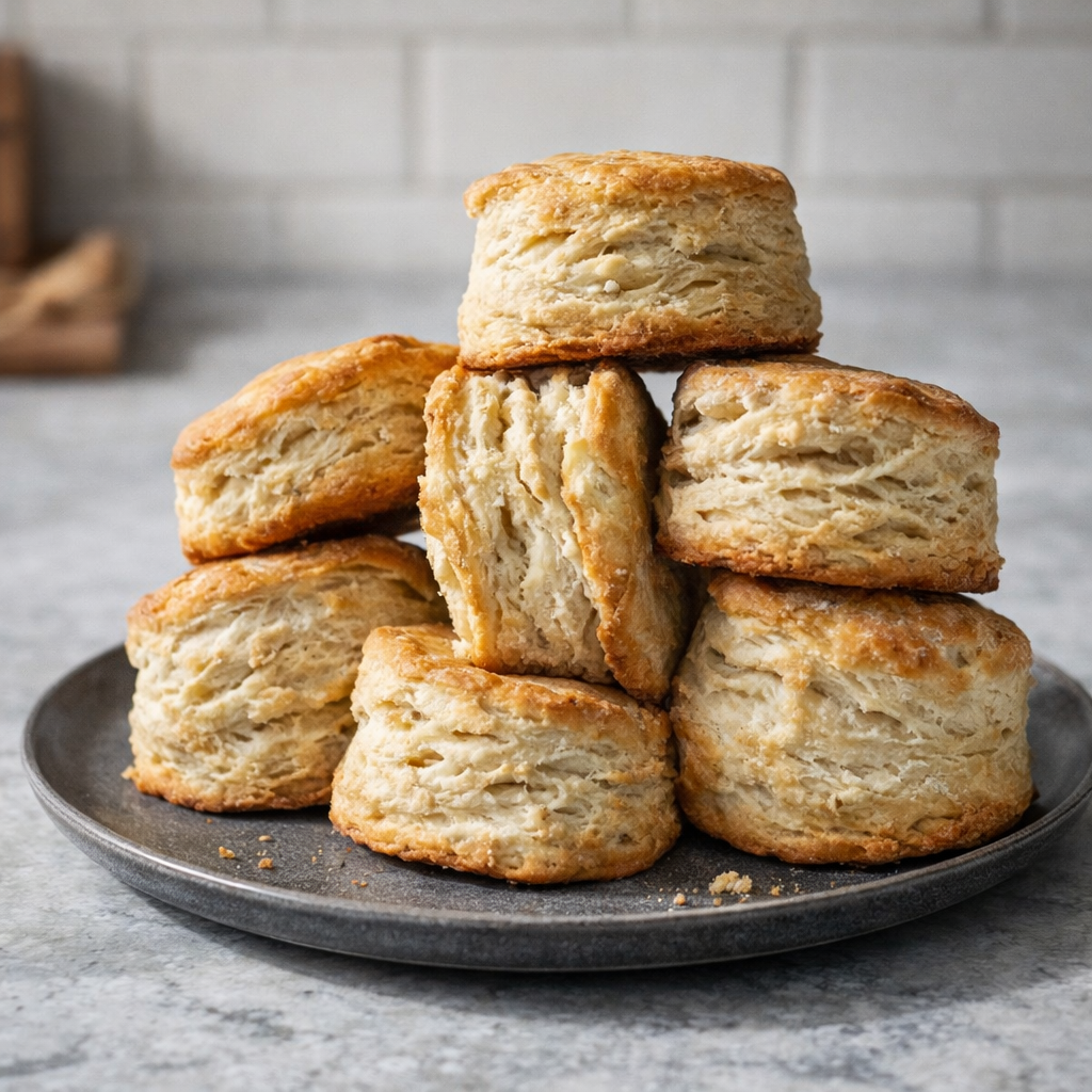 A stack of tall, flaky homemade biscuits with golden tops on a dark plate.